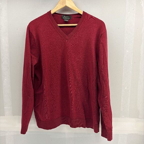 Vintage Eddie Bauer Cotton Cashmere Mens Sweater Size Large Red V-Neck Pullover - Picture 1 of 4